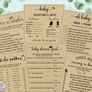 6 in 1 Baby Shower Game Printable Bundle V1, Fun Baby Shower Games, Baby Shower Game, Rustic, Minimalist, Best Selling Baby Shower Games