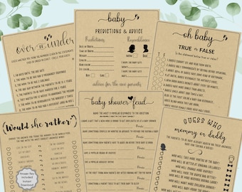 6 in 1 Baby Shower Game Printable Bundle V1, Fun Baby Shower Games, Baby Shower Game, Rustic, Minimalist, Best Selling Baby Shower Games