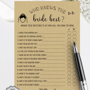 Minimalist Printable Bridal Shower Who Knows the Bride Best? Template, Interactive Bride to Be Game, Bachelorette Party game, Digital file