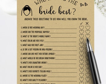 Bridal Shower Game, Who Knows Bride Best Template (Digital File)