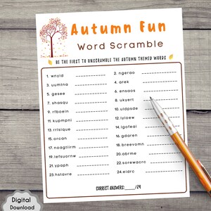 Puede incluir: Un juego de palabras cruzadas imprimible con tem&aacute;tica oto&ntilde;al. El juego presenta una lista de 24 palabras para descifrar, con un espacio para la respuesta junto a cada palabra. El juego se titula "Autumn Fun Word Scramble".