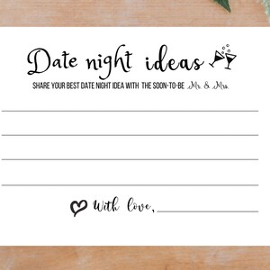 Date Night Ideas Bridal Shower Card, Printable, Bride Party, Fun Card ...