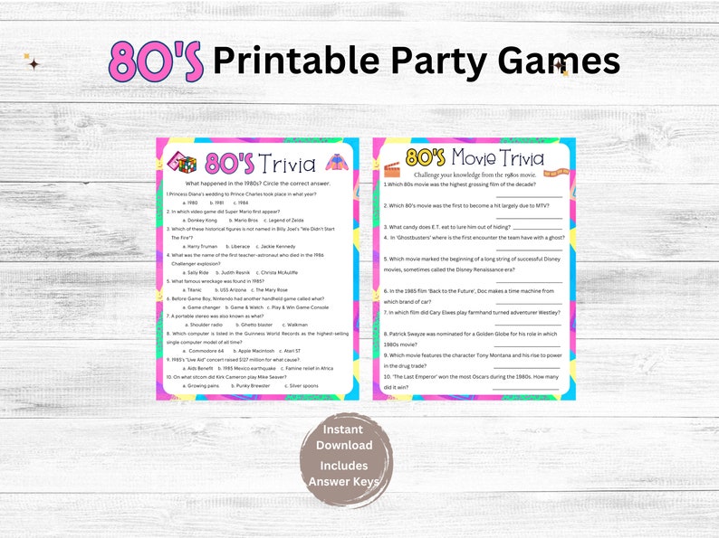80s Party Games Printable, 80s Theme Party Games, 80s Music Movie