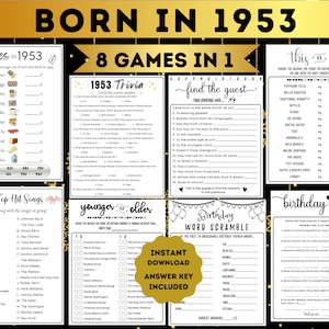 Puede incluir: Un paquete de juegos de fiesta imprimible para una fiesta de cumpleaños con temática de 1953. El paquete incluye ocho juegos: Precios en 1953, Trivia de 1953, Encuentra al Invitado, Esto o Eso, Más Joven o Más Viejo, Descifrar Palabras de Cumpleaños, Canciones Populares de los 50 y Pelea de Cumpleaños.