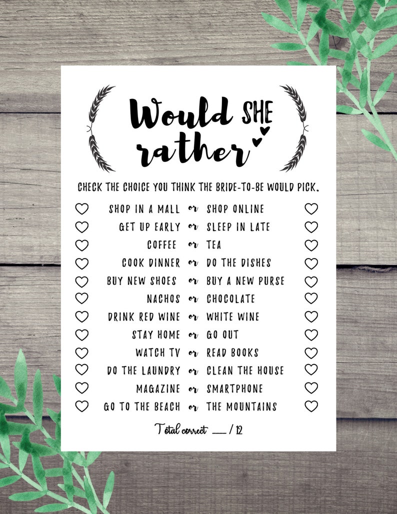 Would She Rather Bridal Shower Games, PDF Printable Download, Newlywed ...