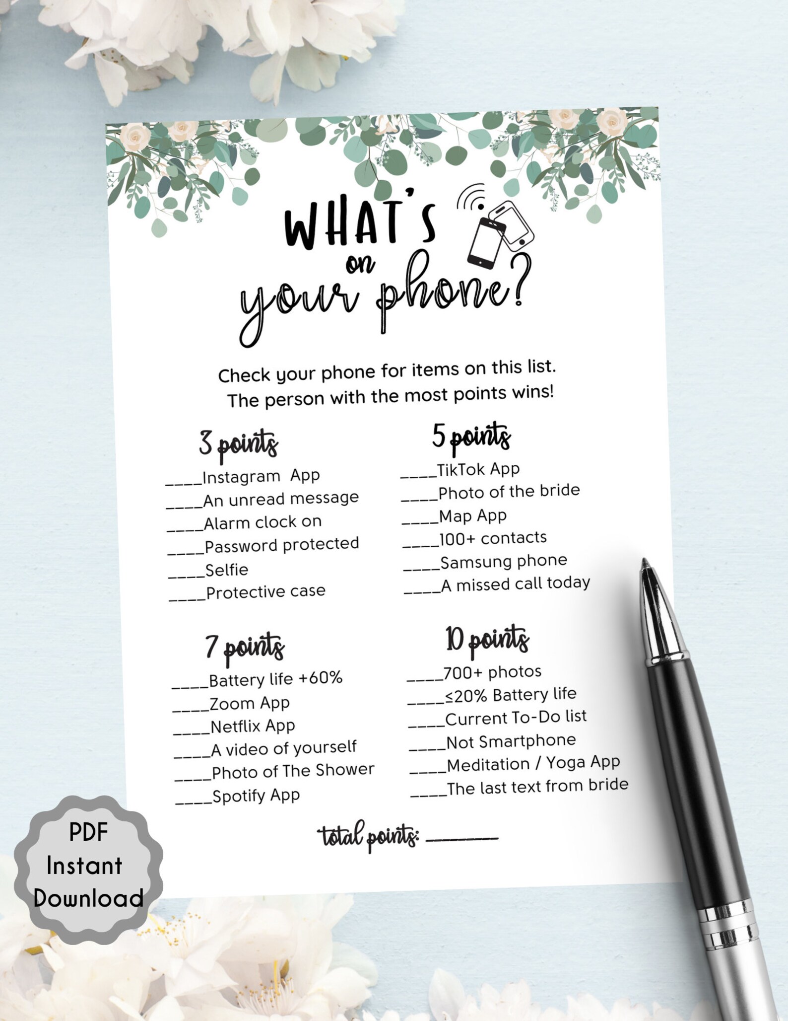Whats On Your Phone Bridal Trivia Game L Greenery Bridal Etsy
