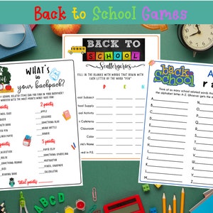 K&ouml;nnte beinhalten: Drei druckbare Back-to-School-Spielkarten. Die erste Karte tr&auml;gt den Titel "What's in your backpack?" und enth&auml;lt eine Liste von Schulmaterialien mit Punkten, die jedem zugewiesen werden. Die zweite Karte tr&auml;gt den Titel "Back to School Scattergories" und enth&auml;lt ein Raster, das mit W&ouml;rtern gef&uuml;llt werden soll, die mit jedem Buchstaben des Wortes "PIN" beginnen. Die dritte Karte tr&auml;gt den Titel "Back to School A-Z Race" und enth&auml;lt eine Liste von Buchstaben des Alphabets mit einer leeren Zeile neben jedem Buchstaben, um schulbezogene W&ouml;rter aufzuschreiben, die mit diesem Buchstaben beginnen.