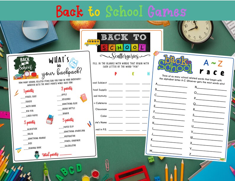 K&ouml;nnte beinhalten: Drei druckbare Back-to-School-Spielkarten. Die erste Karte tr&auml;gt den Titel "What's in your backpack?" und enth&auml;lt eine Liste von Schulmaterialien mit Punkten, die jedem zugewiesen werden. Die zweite Karte tr&auml;gt den Titel "Back to School Scattergories" und enth&auml;lt ein Raster, das mit W&ouml;rtern gef&uuml;llt werden soll, die mit jedem Buchstaben des Wortes "PIN" beginnen. Die dritte Karte tr&auml;gt den Titel "Back to School A-Z Race" und enth&auml;lt eine Liste von Buchstaben des Alphabets mit einer leeren Zeile neben jedem Buchstaben, um schulbezogene W&ouml;rter aufzuschreiben, die mit diesem Buchstaben beginnen.