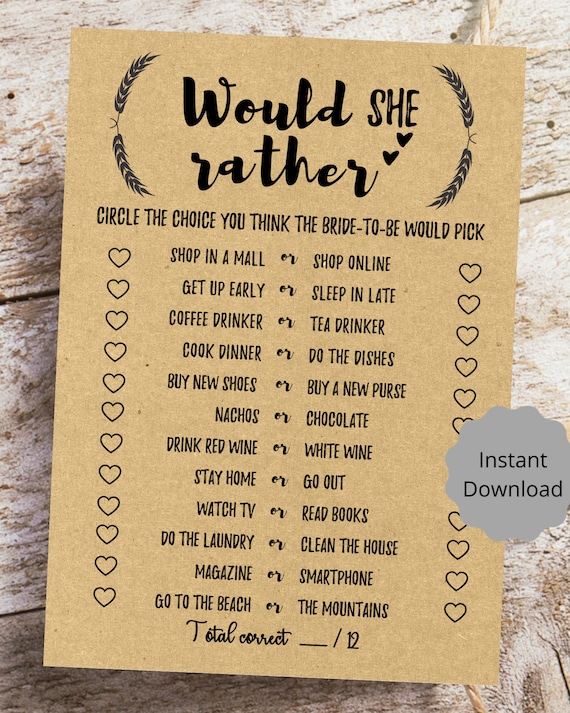 Would She Rather Bridal Shower Games PDF Printable Newlywed Etsy Canada