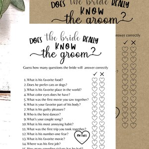 Does The Bride Really Know The Groom Bridal Shower Game, Printable PDF, Bride & Groom Party, Brunch Games, Rustic Minimalist, Newlywed game image 5