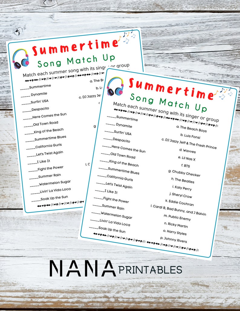 Puede incluir: Una hoja de juego imprimible con un dise&ntilde;o azul y blanco. La hoja tiene el t&iacute;tulo "Summertime Song Match Up" y enumera canciones de verano y sus cantantes o grupos correspondientes. El juego est&aacute; dise&ntilde;ado para hacer coincidir cada canci&oacute;n con su cantante o grupo.