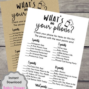 Baby Shower What's On Your Phone Game, Baby Shower, Printables, Baby Shower Activity, Fun game, Baby Shower, Rustic White,Instant Download image 5