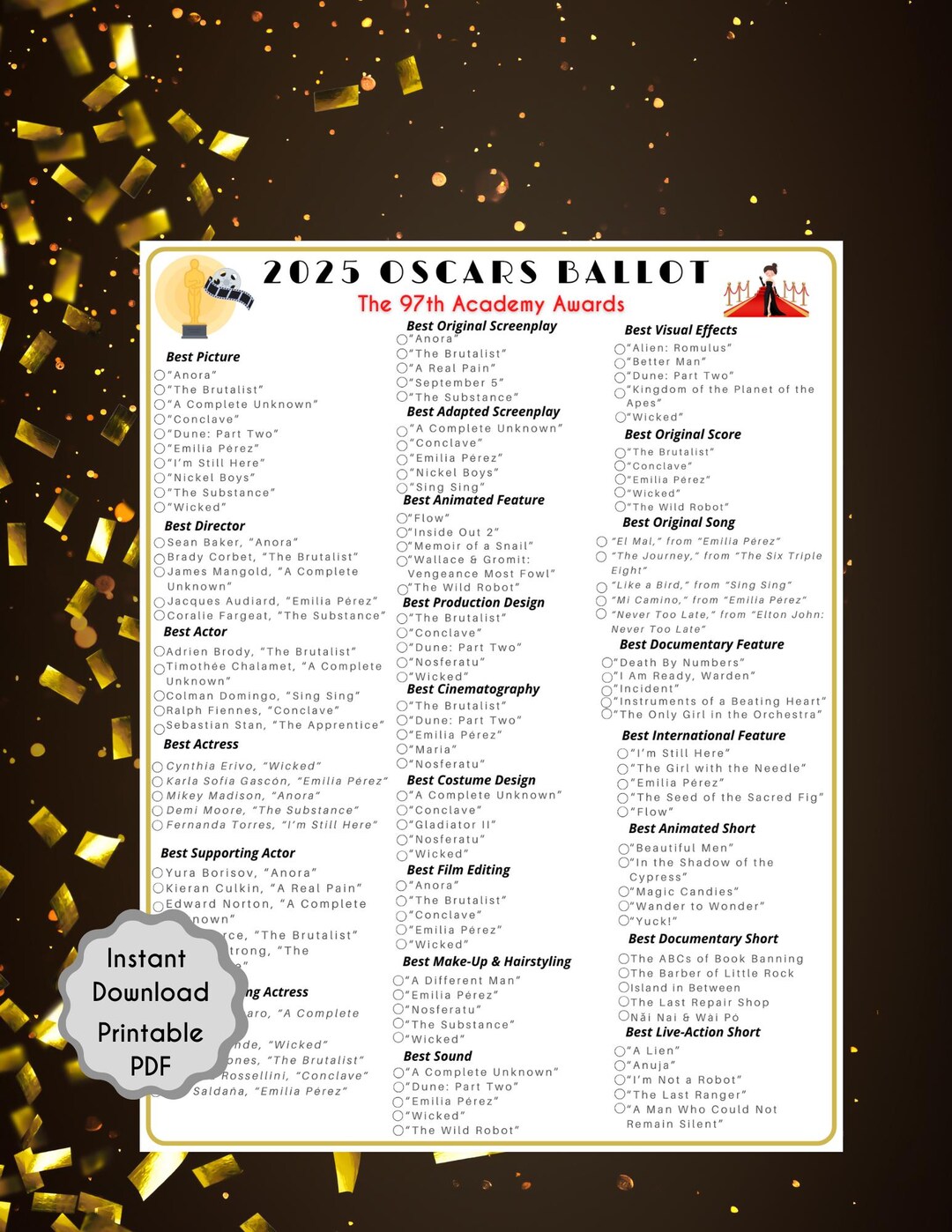 2025-oscars-ballot-game-97th-academy-awards-printable-game-oscars-2025-printable-movie-awards-academy-awards-winner-predictions-etsy for 2025 Oscar Ballot Printable Free 2025 Oscars Ballot Game | 97th Academy Awards Printable Game | Oscars 2025 | Printable Movie Awards | Academy Awards Winner Predictions - Etsy for 2025 Oscar Ballot Printable Free