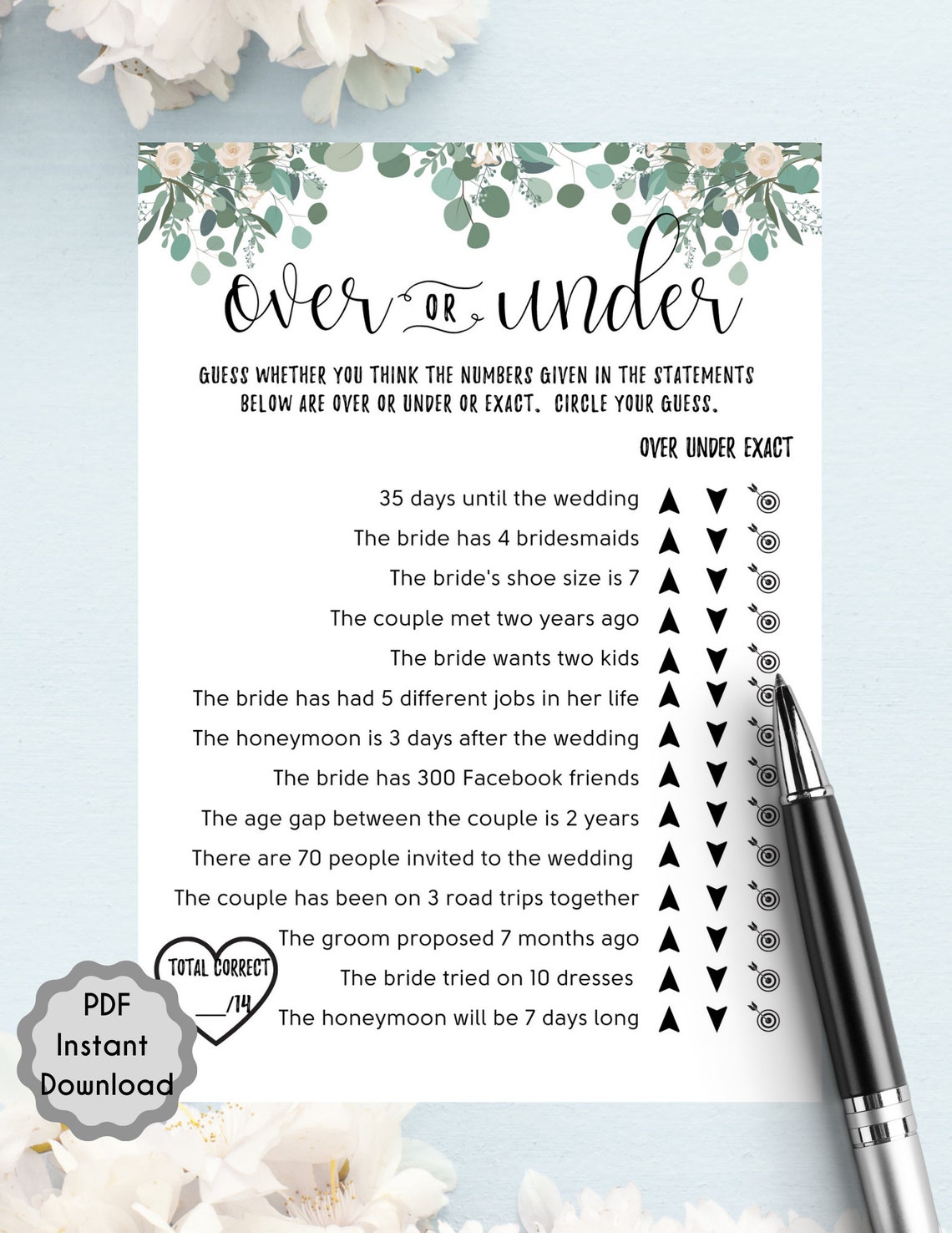 Over or Under Bridal Shower Game L Newlywed Game L Greenery | Etsy