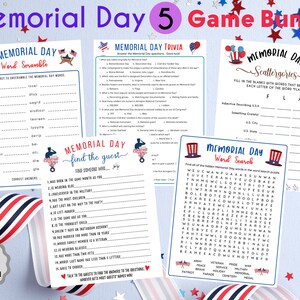 Op de afbeelding: Een printbare Memorial Day-spelbundel met vijf verschillende spellen: Woordzoeker, Quiz, Scattergories, Vind de Gast en Woordzoeker. De spellen zijn in de kleuren rood, wit en blauw en bevatten patriottische afbeeldingen.