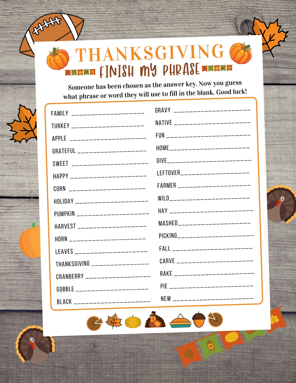 Thanksgiving Finish My Phrase Thanksgiving Trivia Printable | Etsy