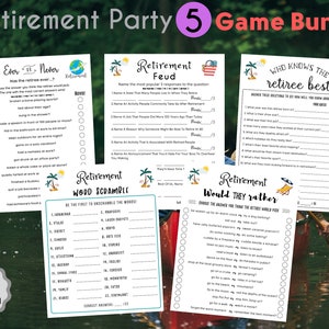 May include: A printable retirement party game bundle with five different games: Ever or Never, Retirement Feud, Who Knows the Retiree Best, Retirement Word Scramble, and Retirement Would They Rather. The games feature a tropical theme with palm trees and beach chairs.