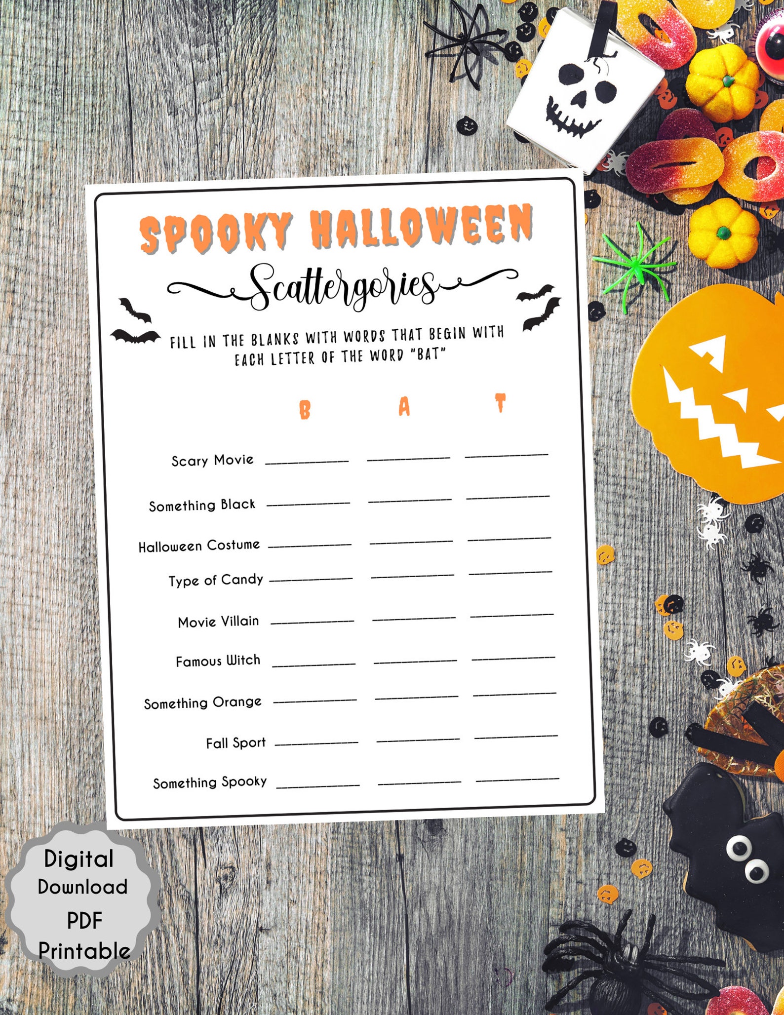 Halloween Scattergories Game Spooky Halloween Printable Game PDF Scary