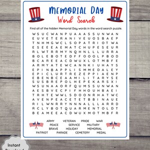 Op de afbeelding: Een printbare Memorial Day-woordzoeker met een rood, wit en blauw Amerikaans vlagontwerp. De puzzel bevat woorden die verband houden met Memorial Day, zoals "veteraan", "militair", "parade" en "begraafplaats".