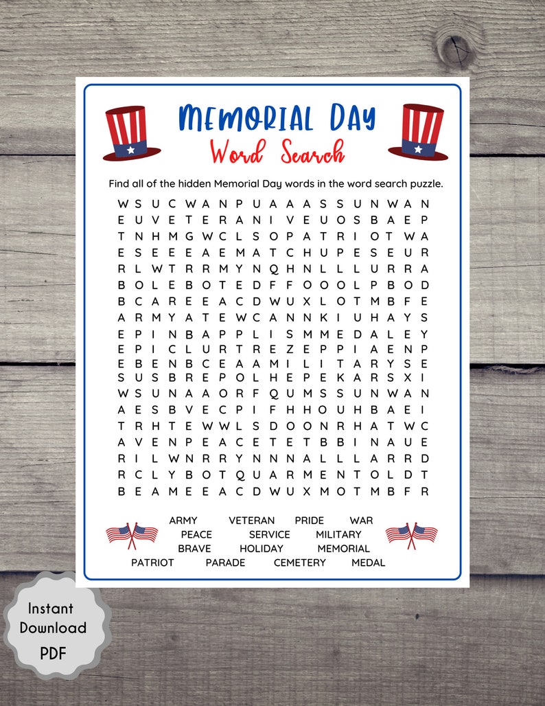 Op de afbeelding: Een printbare Memorial Day-woordzoeker met een rood, wit en blauw Amerikaans vlagontwerp. De puzzel bevat woorden die verband houden met Memorial Day, zoals "veteraan", "militair", "parade" en "begraafplaats".