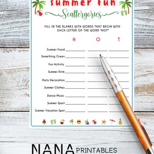 Puede incluir: Un juego de mesa imprimible llamado "Scattergories" para divertirse en verano. El juego pide a los jugadores que rellenen los espacios en blanco con palabras que comiencen con cada letra de la palabra "HOT". Las categor&iacute;as incluyen comida de verano, algo verde, actividad divertida, bebida de verano, decoraci&oacute;n de fiesta, ropa de verano, m&uacute;sica de baile, deporte de verano y lugar de vacaciones de verano.