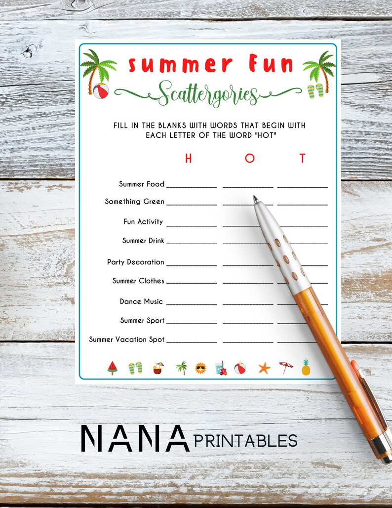 Puede incluir: Un juego de mesa imprimible llamado "Scattergories" para divertirse en verano. El juego pide a los jugadores que rellenen los espacios en blanco con palabras que comiencen con cada letra de la palabra "HOT". Las categor&iacute;as incluyen comida de verano, algo verde, actividad divertida, bebida de verano, decoraci&oacute;n de fiesta, ropa de verano, m&uacute;sica de baile, deporte de verano y lugar de vacaciones de verano.