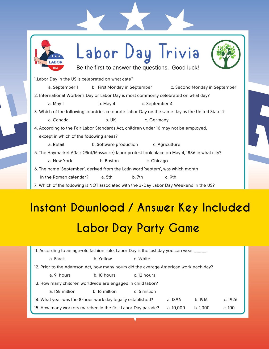 Labor Day Trivia Game America Trivia Quiz Labor Day Worker Etsy