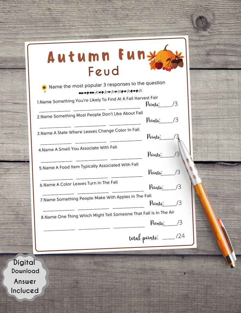 Puede incluir: Un juego imprimible de tem&aacute;tica oto&ntilde;al llamado "Autumn Fun Feud" con ocho preguntas y l&iacute;neas de respuesta. Cada pregunta vale 3 puntos, para un total de 24 puntos. El juego presenta una calabaza de dibujos animados con hojas de oto&ntilde;o y bellotas.