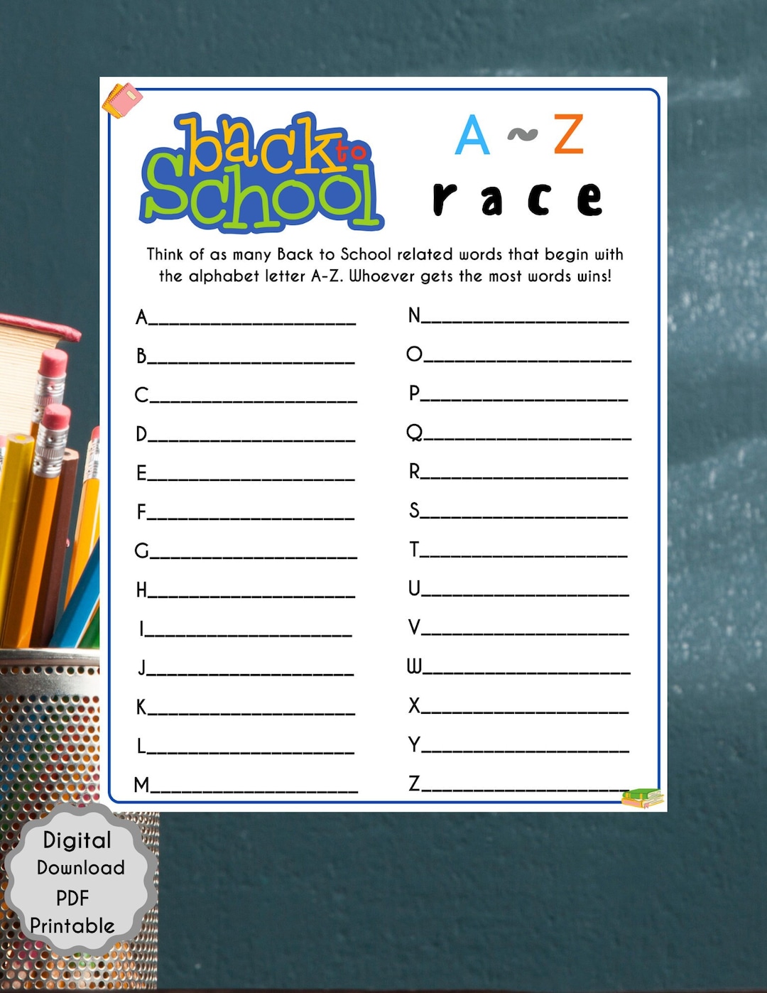 Back to School A to Z Race Printable Game Classroom Activity Game for