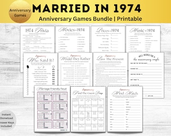 Peut inclure: Un ensemble de 10 jeux d'anniversaire imprimables pour un couple célébrant son 49e anniversaire. Les jeux sont sur le thème de l'année 1974, avec des titres comme "1974 Trivia", "Films de 1974", "Prix de 1974", "Musique de 1974", "Qui a dit ça ?", "Plutôt que", "Passer le présent", "Querelle amicale du mariage", "Trouver le bingo des invités", et "Correspondance mentale".