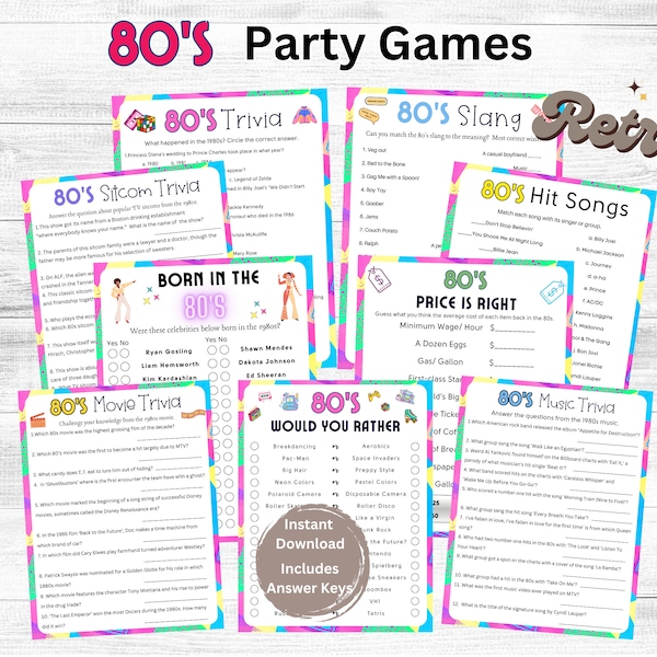 80s Party Games Printable, 80s Theme Party Games, 80s Music Movie Trivia, 90s Trivia, 1980s Event Game, Nineties Party, Retro 80s Party Game