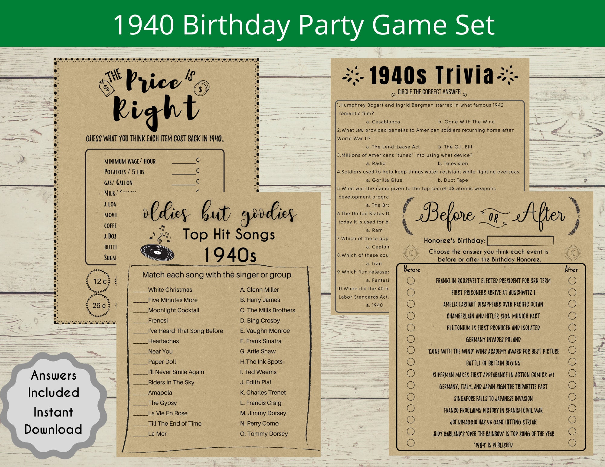 1940 82nd Birthday Party Game Set Adult Party Game Born in - Etsy