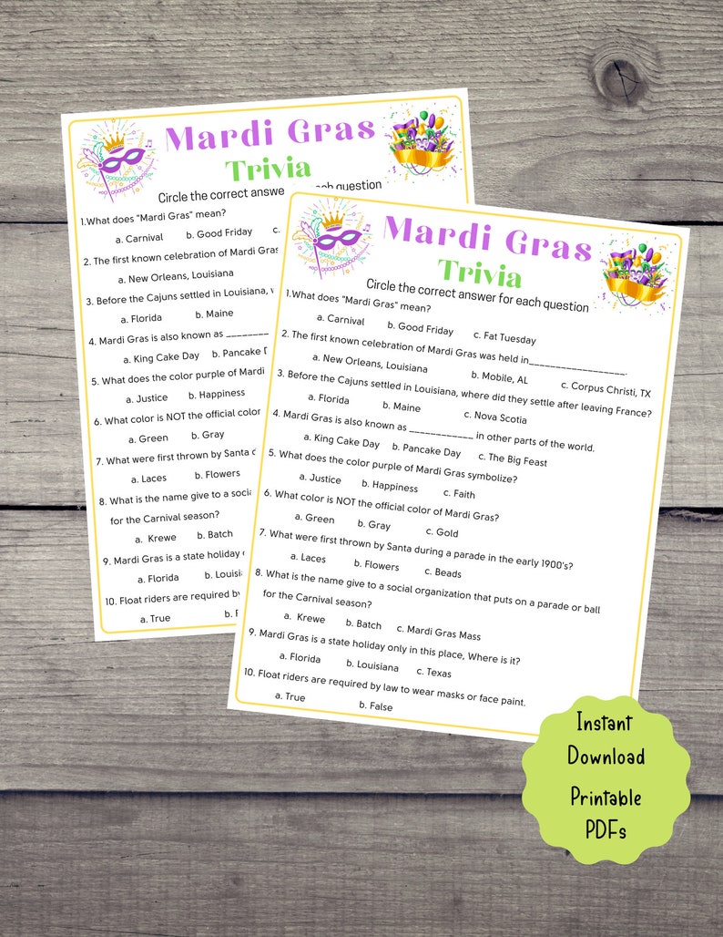 Mardi Gras Trivia Game | Mardi Gras Printable Game for Kids &amp; Adults ...
