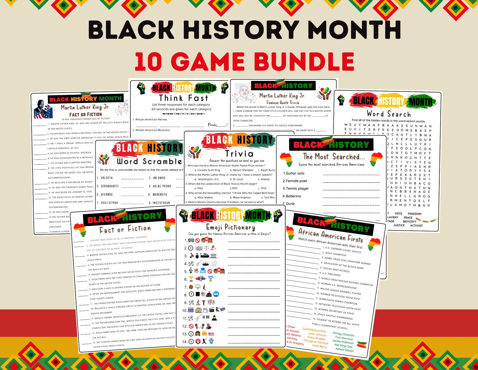 10 in 1 Black History Month Game Bundle, Fun Educational Game Kids