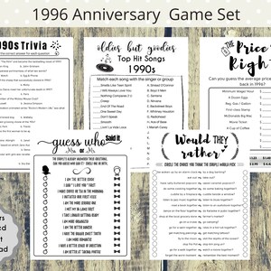 May include: A printable game set for a 1996 anniversary celebration. The game set includes three games: 1990s Trivia, Oldies But Goodies Top Hit Songs, and The Price is Right. The games are designed to test knowledge of the 1990s, popular songs from the 1990s, and the average price of items in 1996.