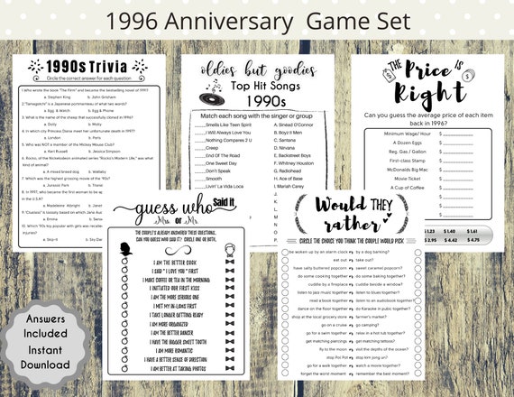 30th Anniversary Printable Games: 1996 Trivia, Wedding Anniversary Party (Instant Digital Download)