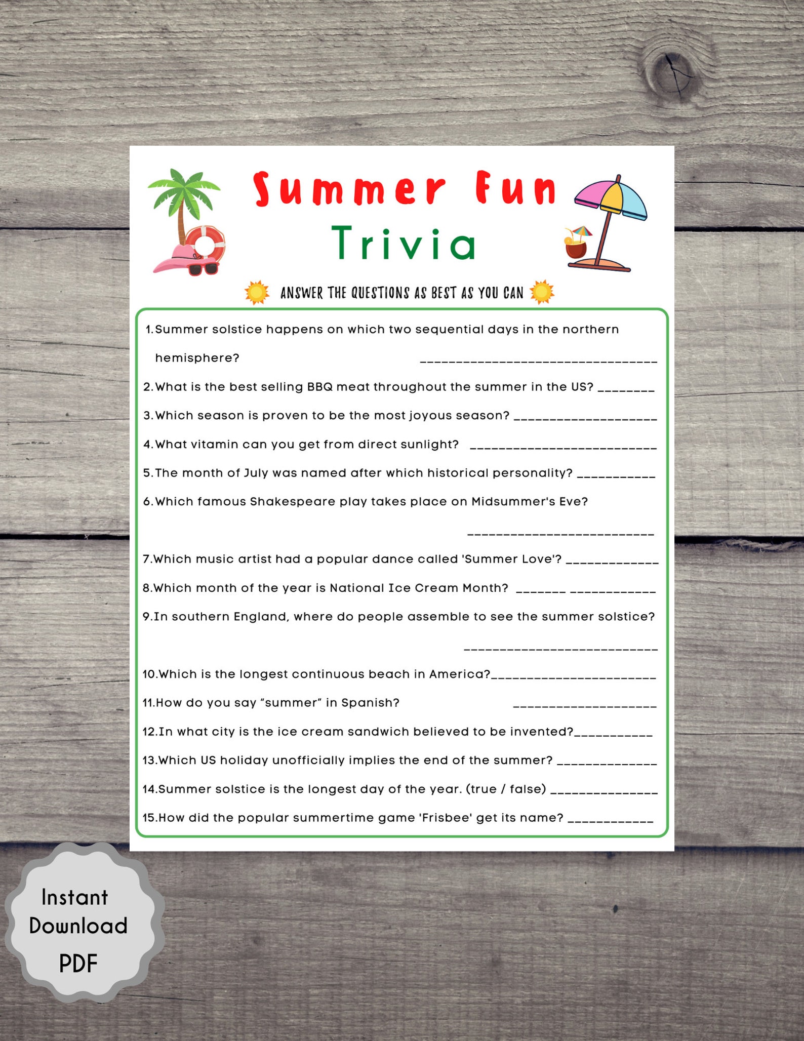 Summer Fun Trivia Game Summertime Game Summer Party Game | Etsy
