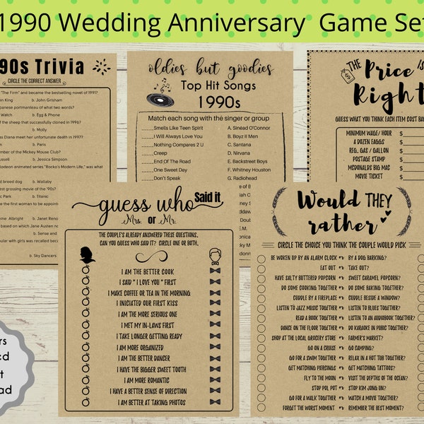 1990 34thWedding  Anniversary Games Bundle Printable 1990 Anniversary Couple 34th Anniversary Party Games Married in 1990 Trivia 1990 Party