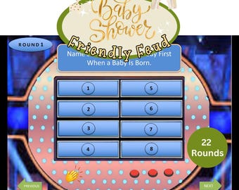 May include: A digital game board for a baby shower, featuring a blue and gold design. The game is titled "Baby Shower Friendly Feud" and includes prompts and answer spaces. The image also displays the text "22 Rounds" and "Baby Shower PowerPoint Friendly Feud Game."