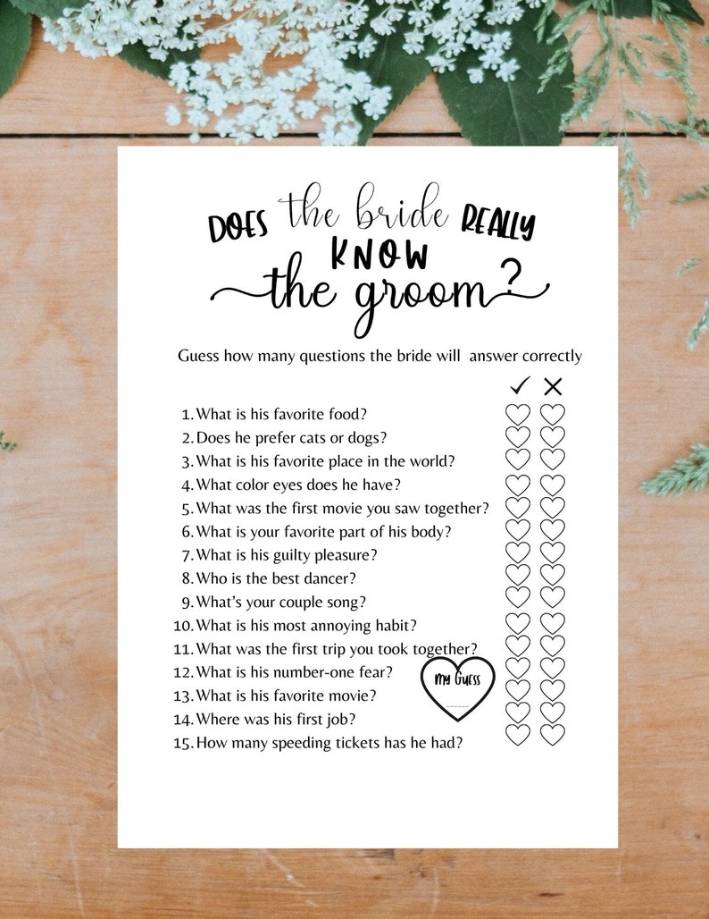 Does The Bride Really Know The Groom Bridal Shower Game, Printable PDF, Bride & Groom Party, Brunch Games, Rustic Minimalist, Newlywed game image 4