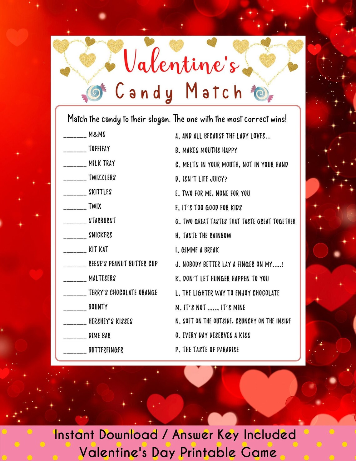 Valentine's Day Candy Match Game Valentine's Day Quiz Valentines
