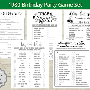 May include: A printable 1980s themed birthday party game set with three different games: 1980 Trivia, The Price is Right, and Oldies but Goodies. The games feature trivia questions, price guessing, and matching songs to artists.