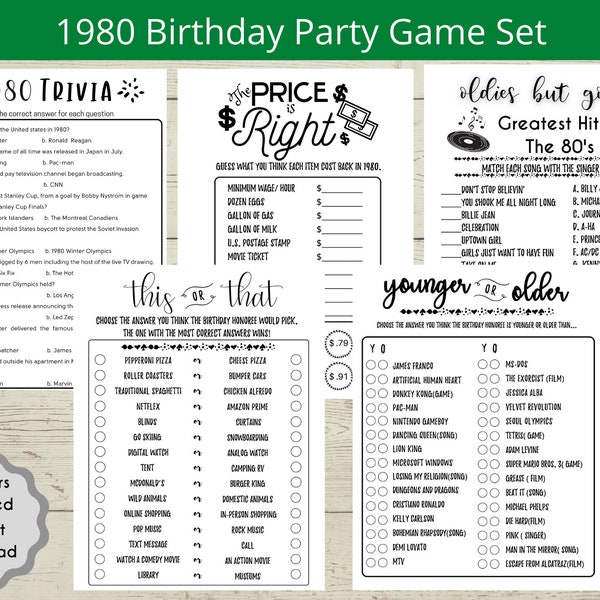 1980 44th Birthday Games Bundle Printable 1980 Game 44th Party Activities Men Women Him Her Born in 1980 Party Games 1980s Song Trivia Quiz