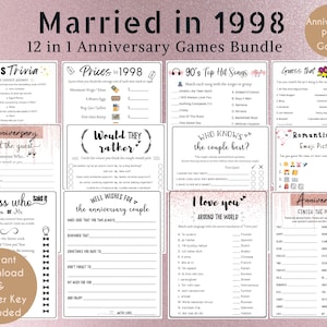 Getrouwd in 1998 27e huwelijksverjaardag Afdrukbare gamesbundel 27e minimalistische bruiloftspaar partygames Getrouwd in 1998 feestquiz