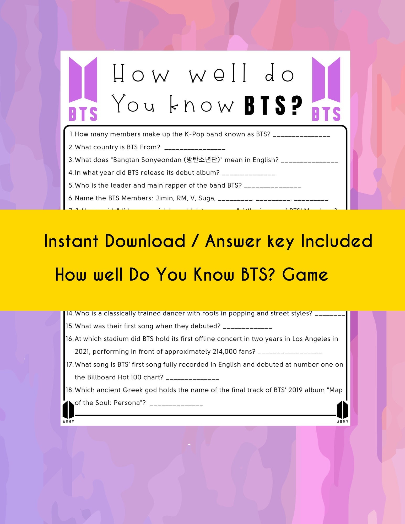 How Well Do You Know BTS Game, Printable Bts Trivia Game, BTS Fans, BTS