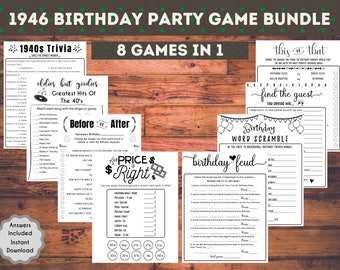 May include: A set of eight printable 1940s themed party games. The games include "1940s Trivia", "Oldies But Goodies", "Before or After", "The Price is Right", "This or That", "Find the Guest", "Birthday Word Scramble", and "Birthday Feud".