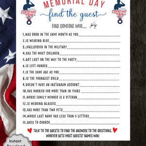 Op de afbeelding: Een printbaar spel voor Memorial Day. Het spel heet "Find the Guest" en vraagt ​​spelers om iemand te vinden die aan de genoemde criteria voldoet. Het spel is versierd met rode, witte en blauwe sterren en strepen.