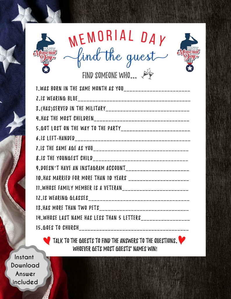 Op de afbeelding: Een printbaar spel voor Memorial Day. Het spel heet "Find the Guest" en vraagt ​​spelers om iemand te vinden die aan de genoemde criteria voldoet. Het spel is versierd met rode, witte en blauwe sterren en strepen.