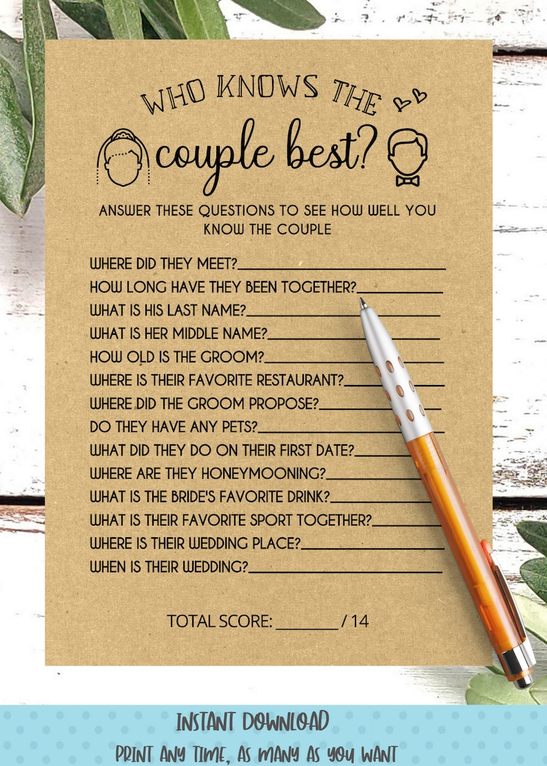 Who Knows The Couple Best Bridal Shower Game Printable image 1