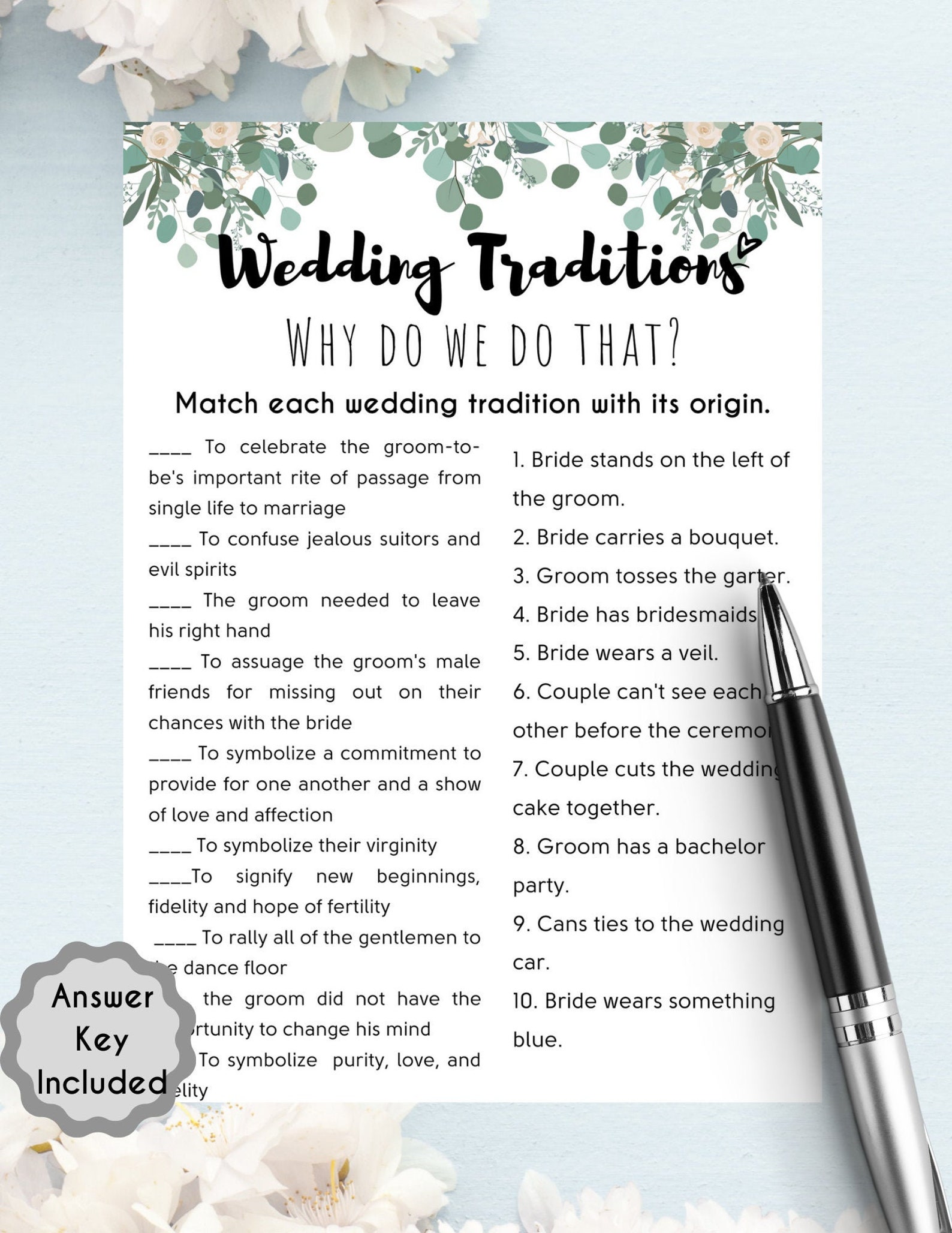 Wedding Traditions Bridal Shower Game L Newlywed Party L Greenery